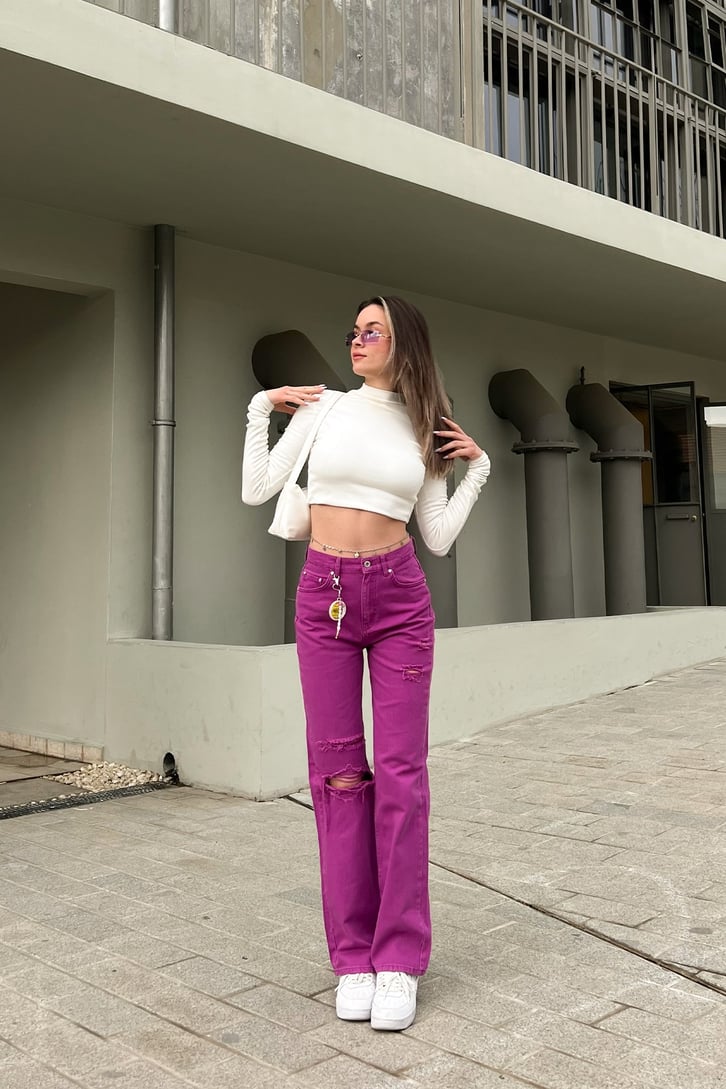 Ripped Detail Fuşya Baggy Jean
