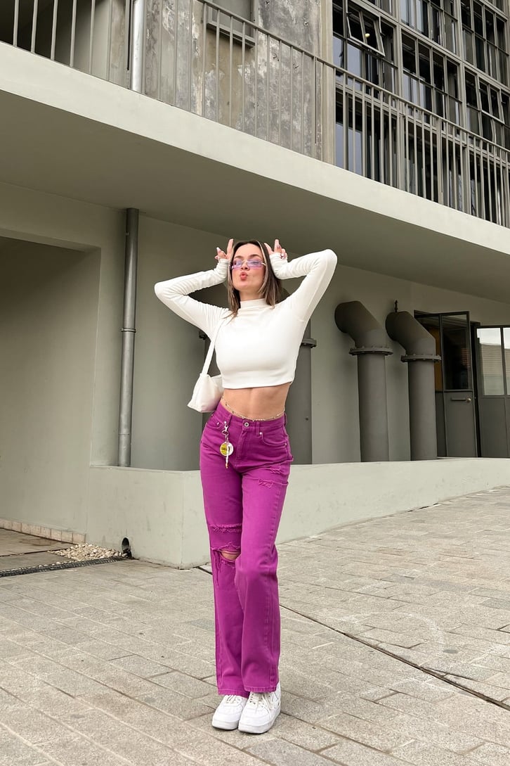 Ripped Detail Fuşya Baggy Jean