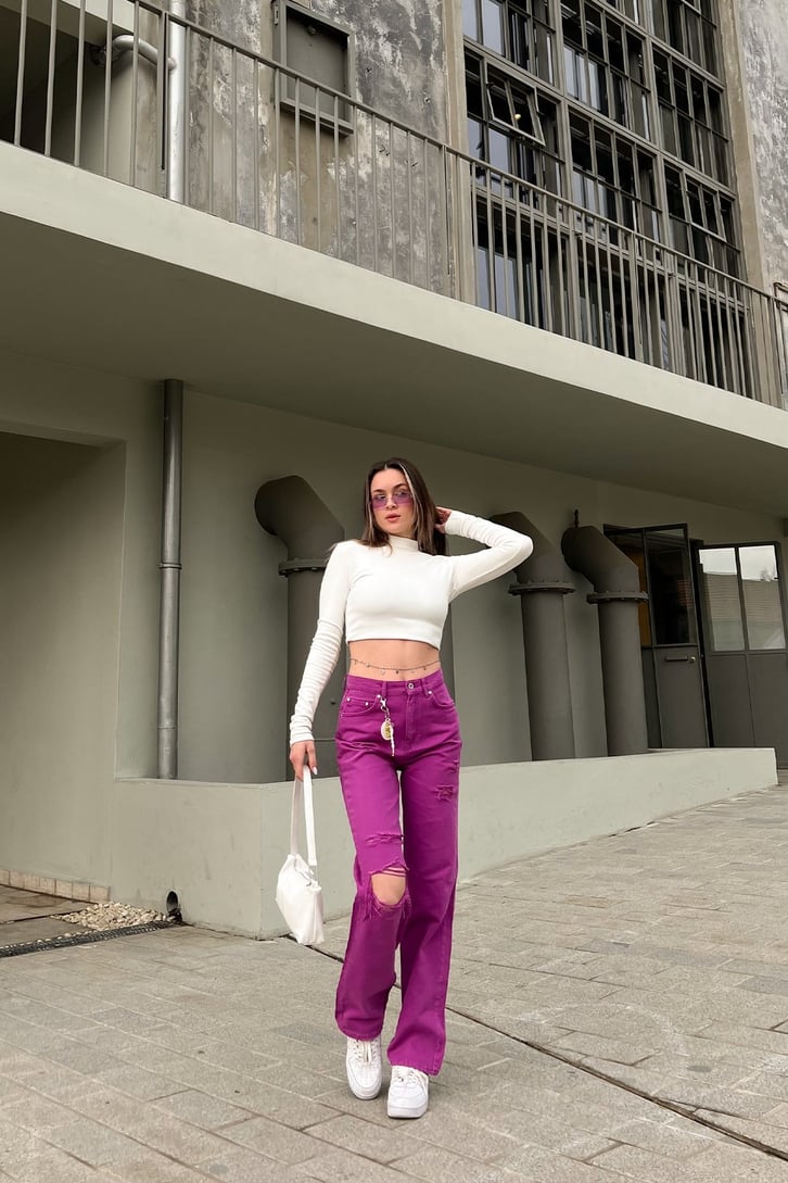 Ripped Detail Fuşya Baggy Jean