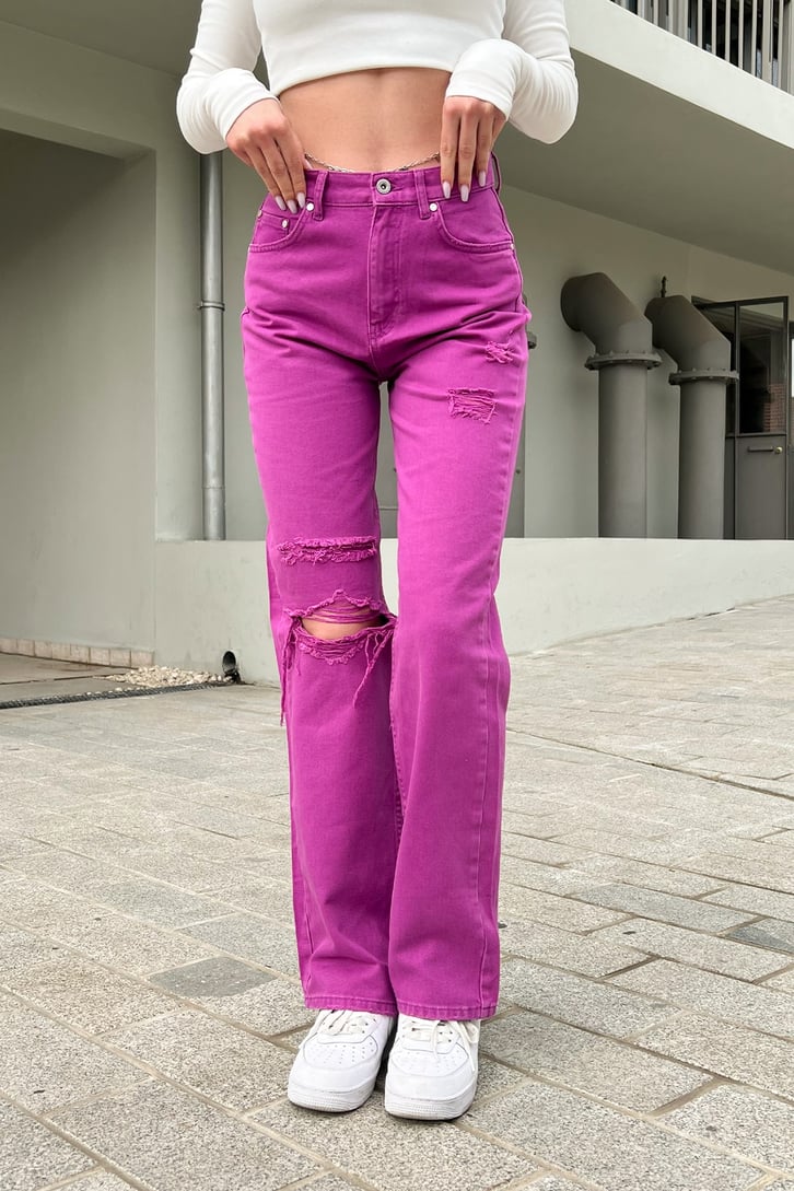 Ripped Detail Fuşya Baggy Jean
