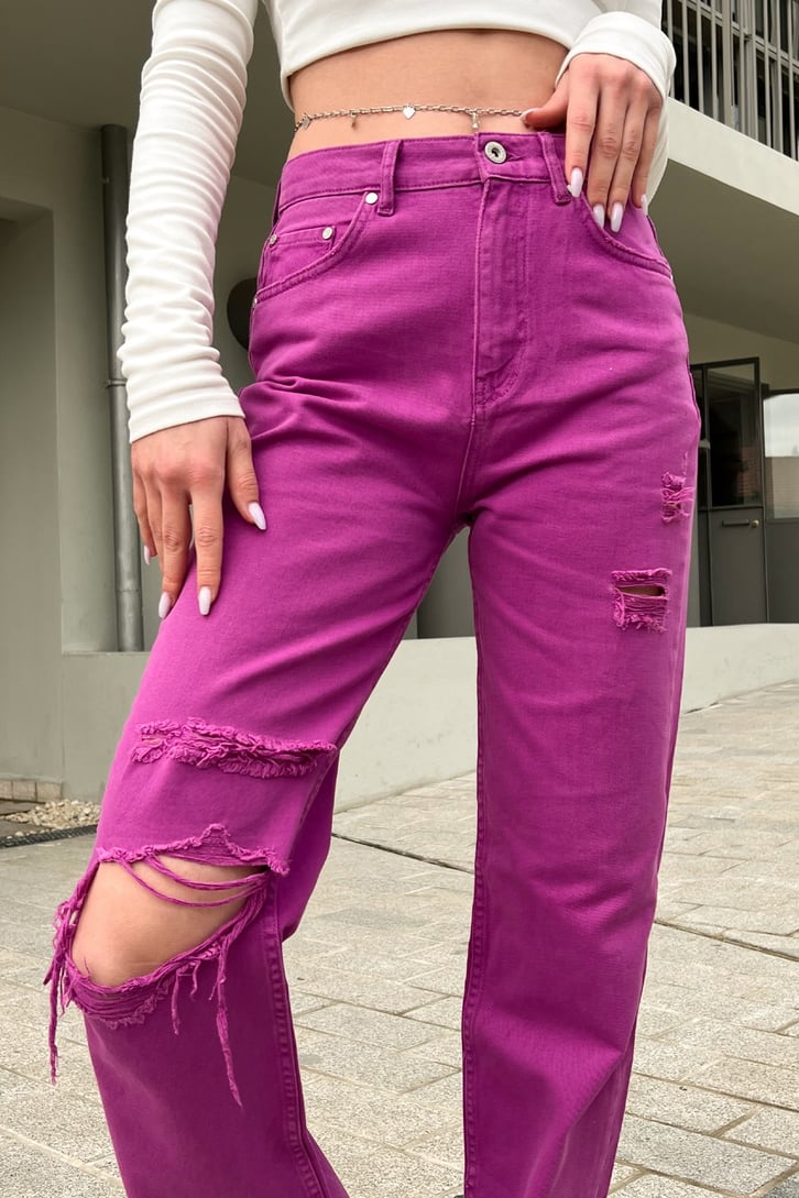 Ripped Detail Fuşya Baggy Jean