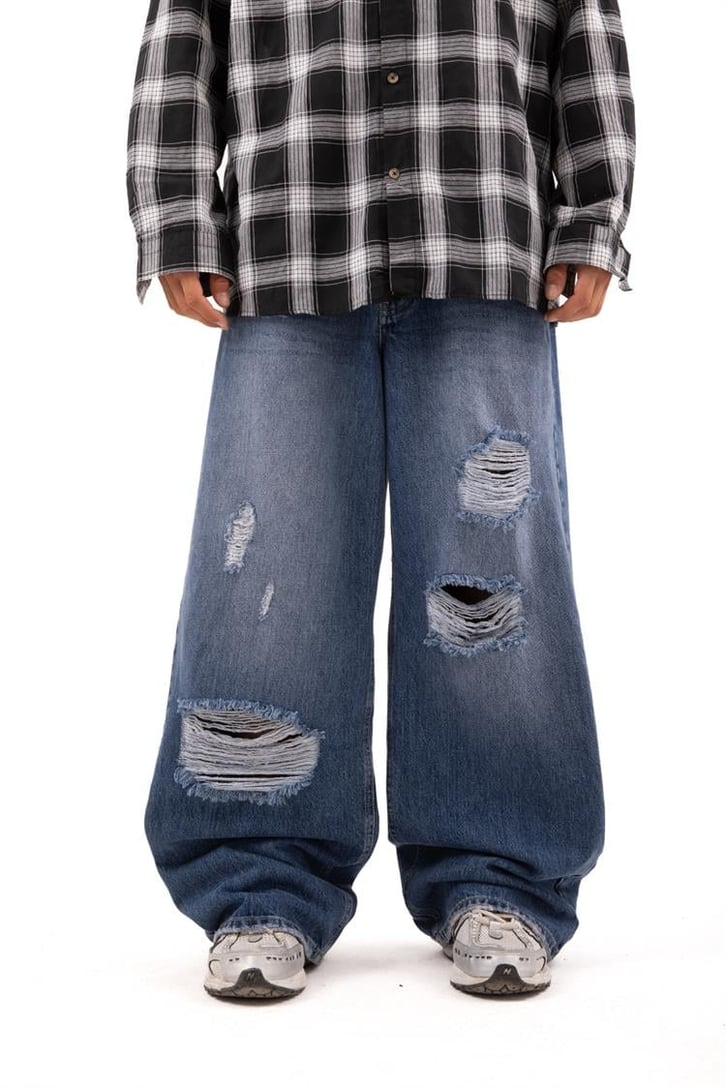 Ripped Detail Koyu Mavi Baggy Jean