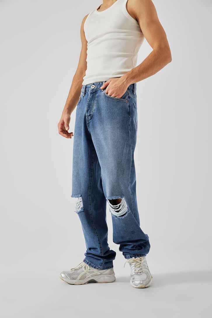 Ripped Detail Koyu Mavi Baggy Jean
