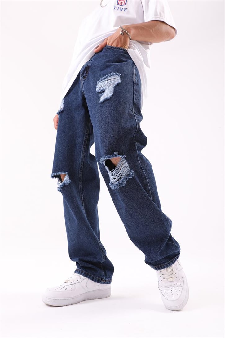 Ripped Detail Koyu Mavi Regular Fit Jean