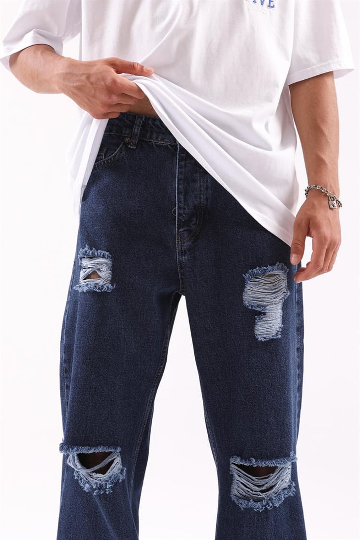 Ripped Detail Koyu Mavi Regular Fit Jean