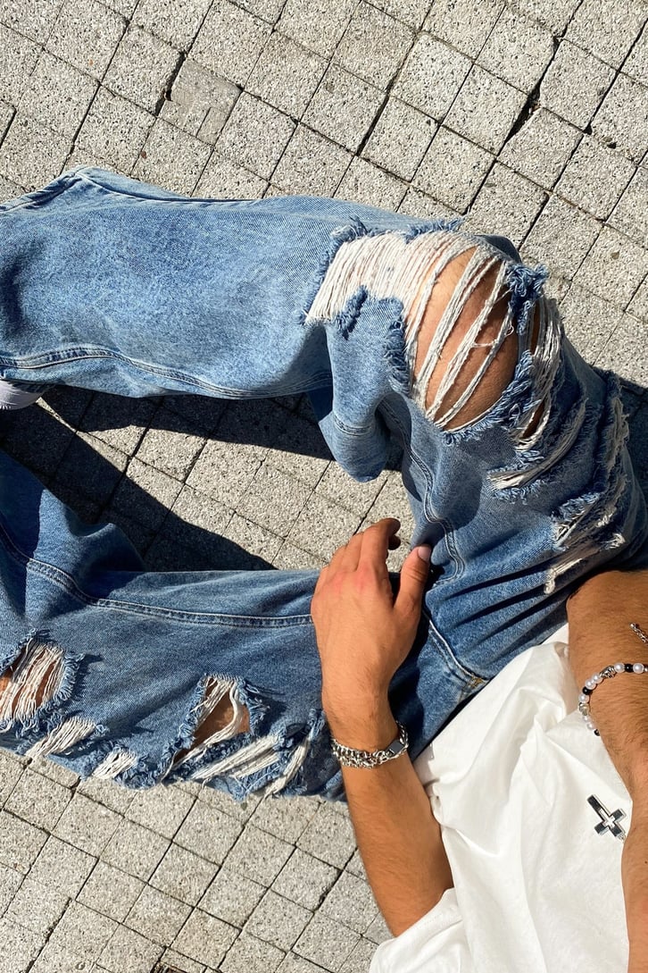 Ripped Detail Mavi Baggy Jean