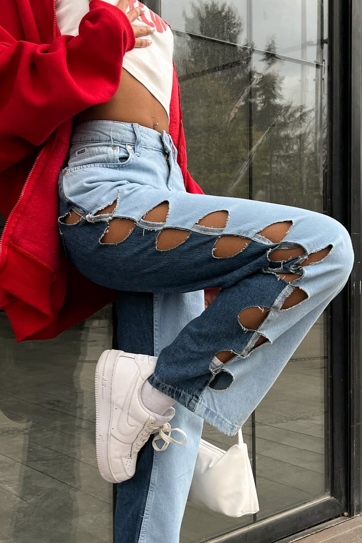 Ripped Detail Parçalı Mavi Baggy Jean