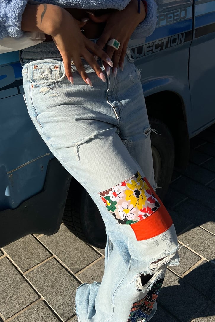 Ripped Detail Patch Buz Mavi Baggy Jean