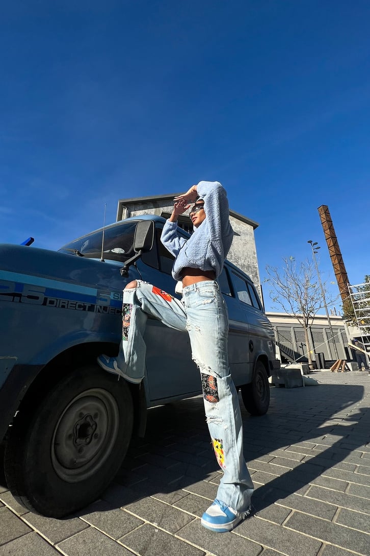 Ripped Detail Patch Buz Mavi Baggy Jean
