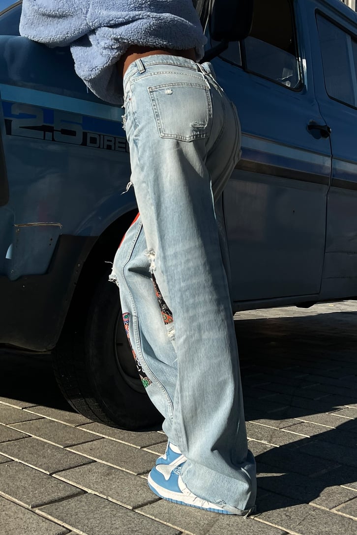 Ripped Detail Patch Buz Mavi Baggy Jean
