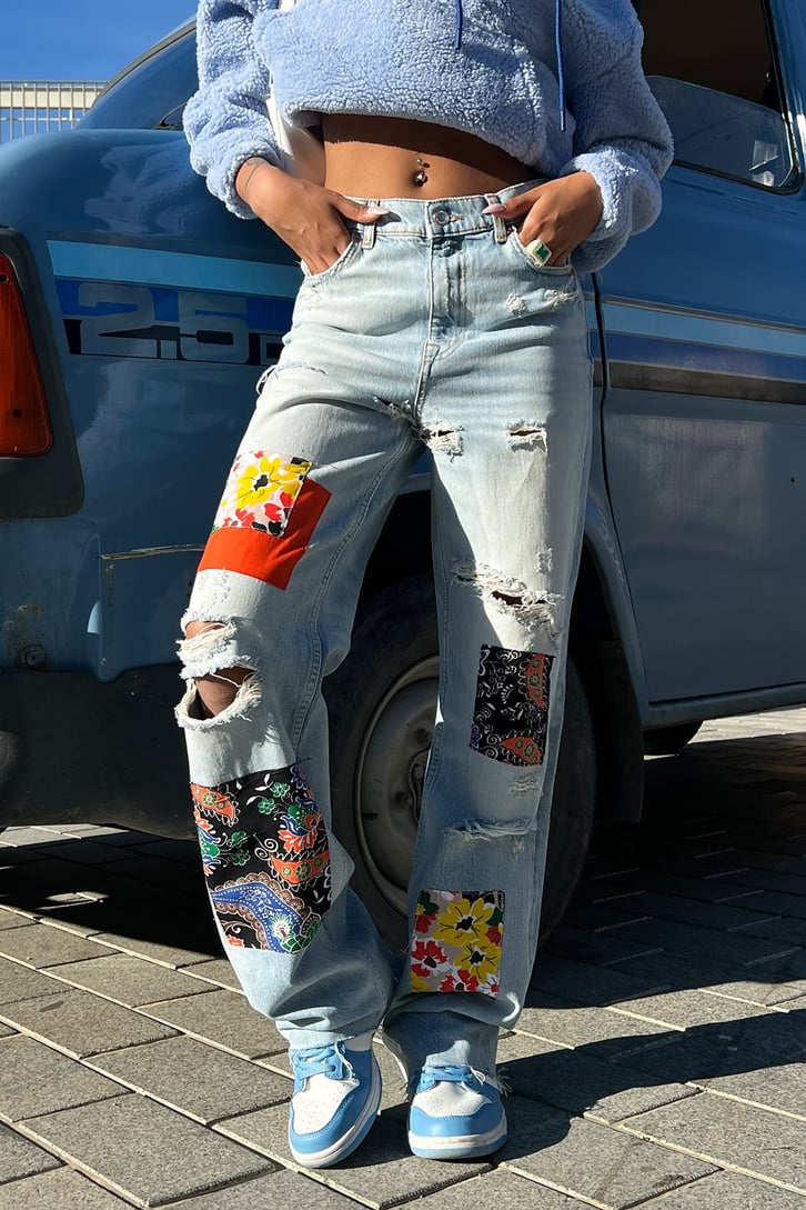 Ripped Detail Patch Buz Mavi Baggy Jean