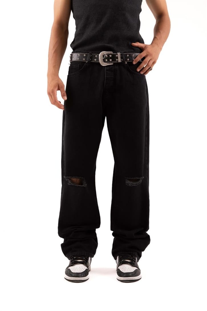 Ripped Detail Siyah Baggy Jean