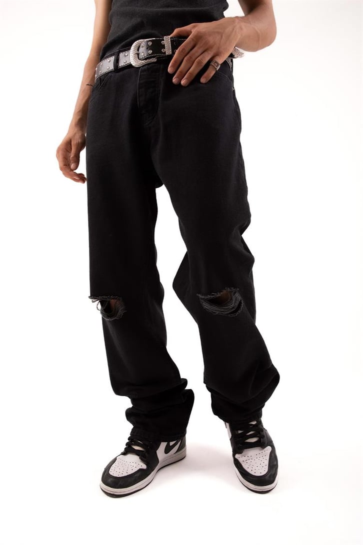 Ripped Detail Siyah Baggy Jean