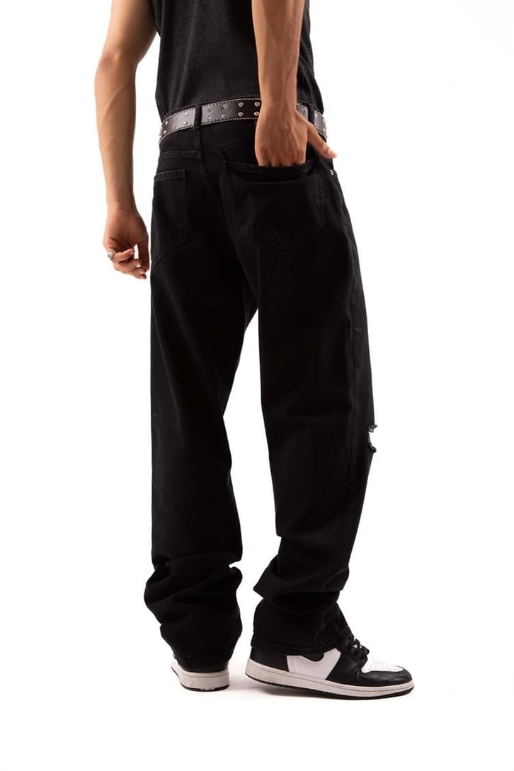 Ripped Detail Siyah Baggy Jean
