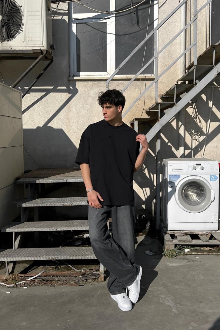 Ripped Gri Oversize Tişört