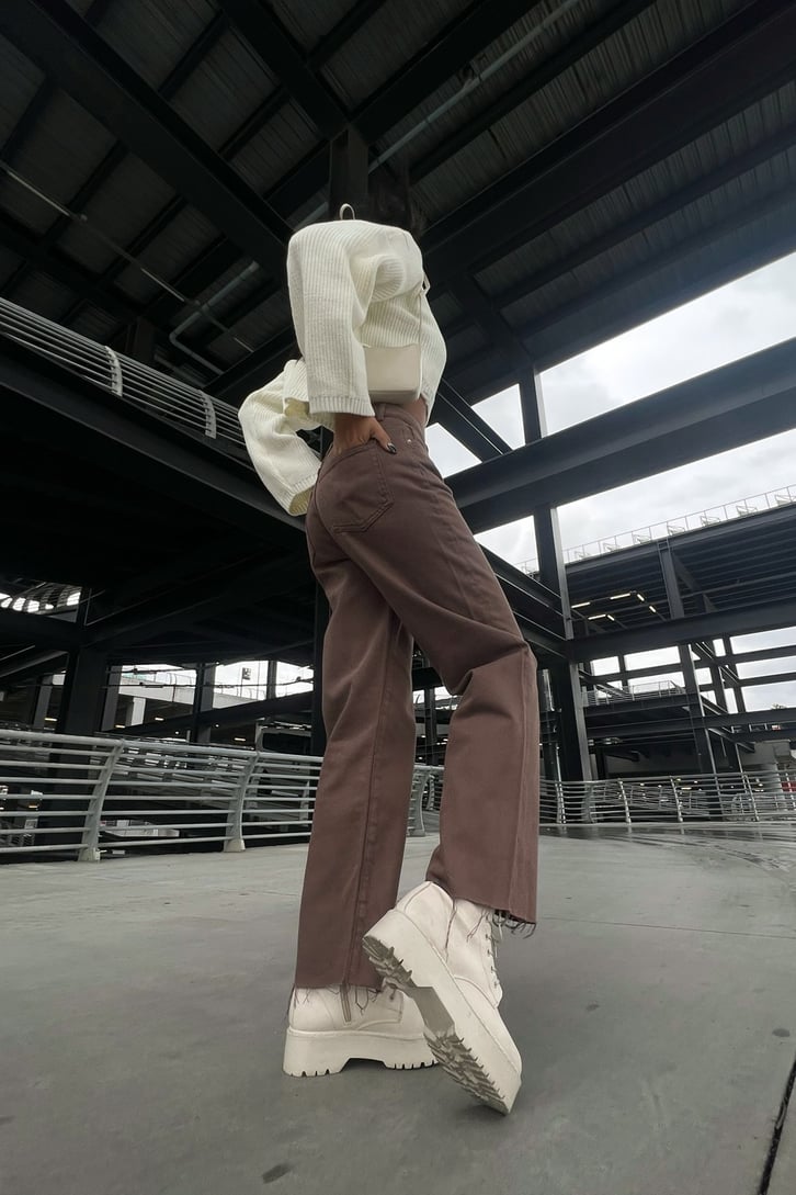 Ripped Leg Kahverengi Baggy Jean