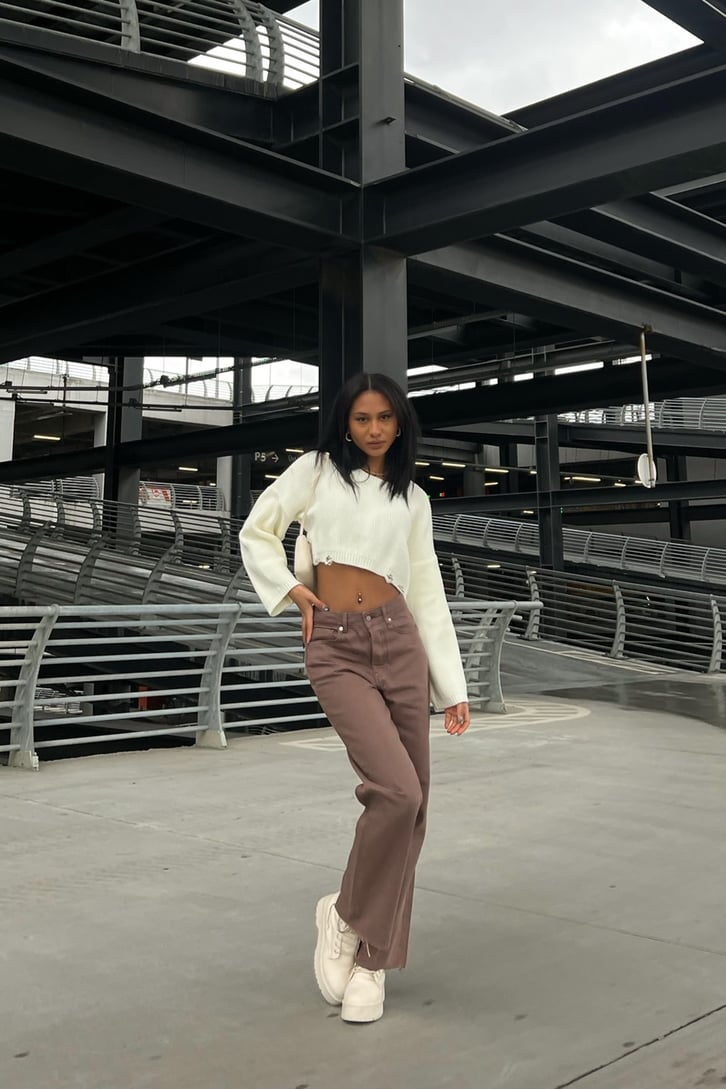Ripped Leg Kahverengi Baggy Jean
