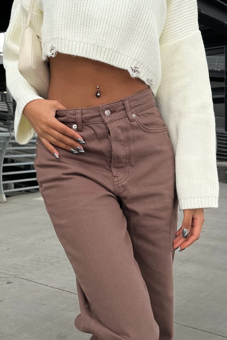 Ripped Leg Kahverengi Baggy Jean