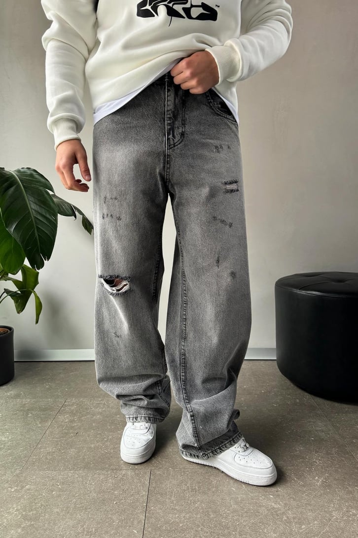 Ripped Yıkamalı Siyah Baggy Jean
