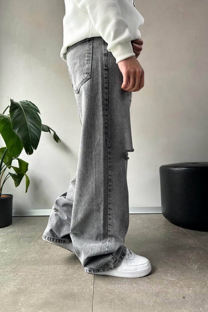 Ripped Yıkamalı Siyah Baggy Jean