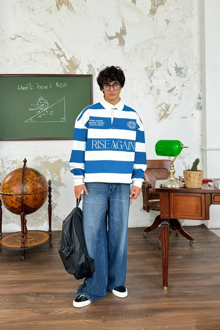 Rise Again Nakışlı Çizgili Polo Yaka Sweatshirt