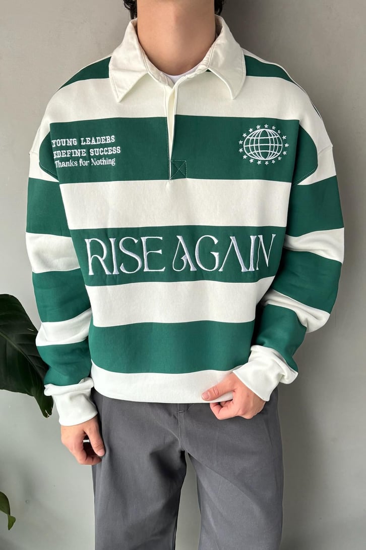 Rise Again Nakışlı Çizgili Polo Yaka Sweatshirt