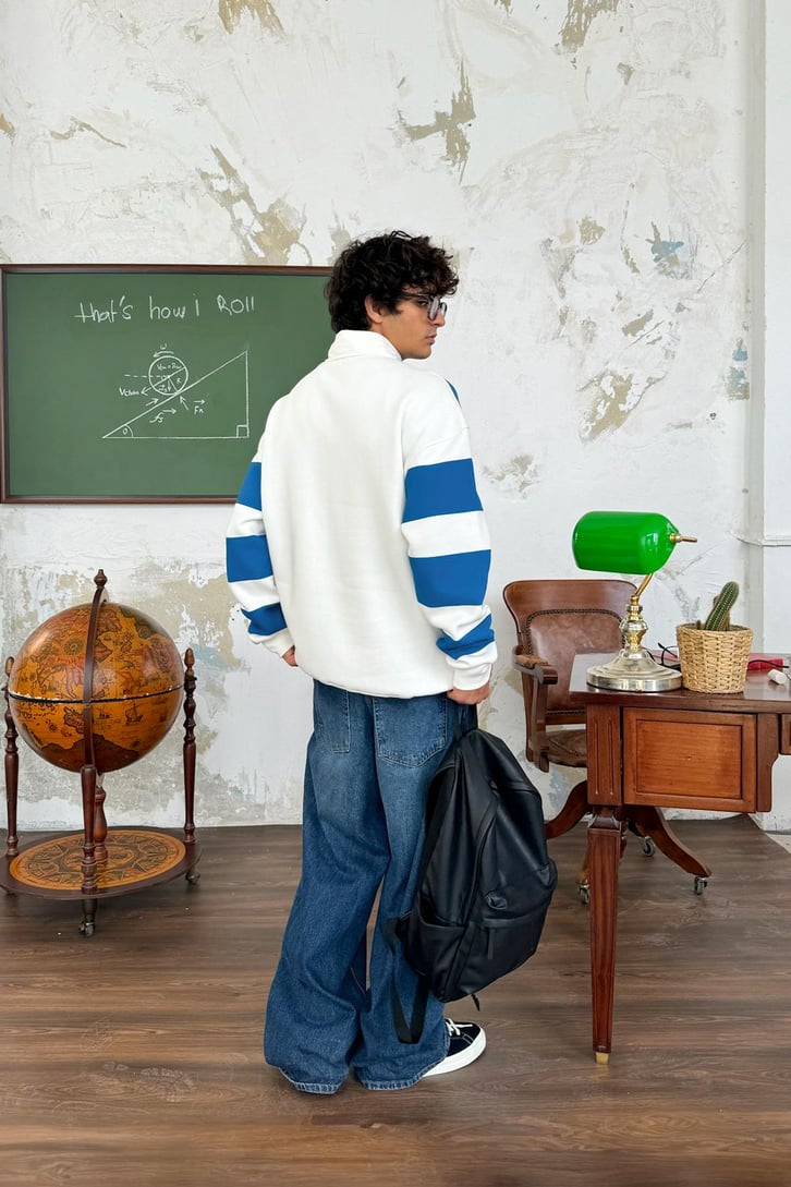 Rise Again Nakışlı Çizgili Polo Yaka Sweatshirt