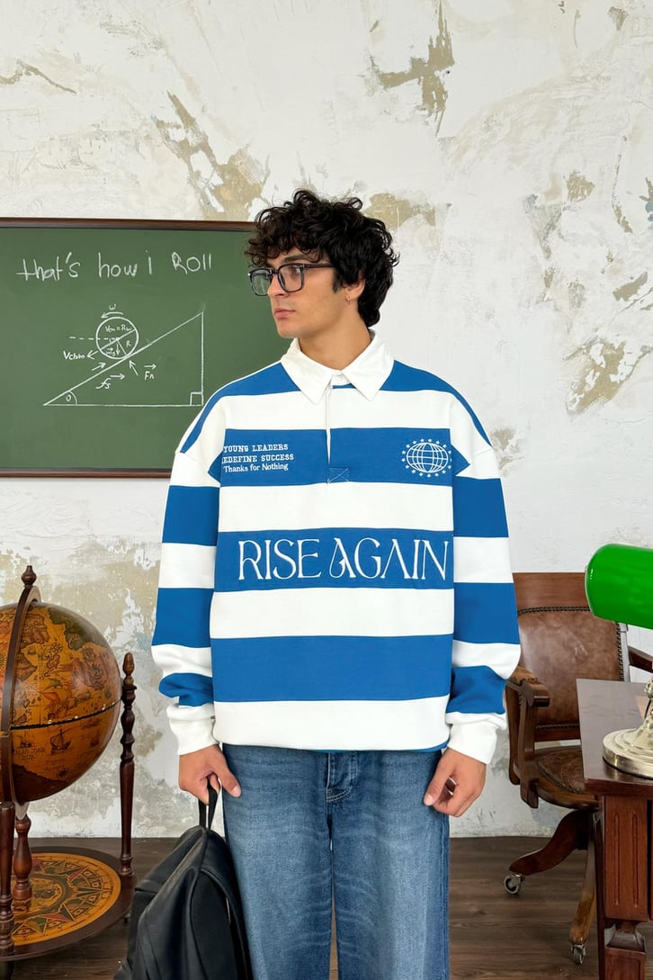 Rise Again Nakışlı Çizgili Polo Yaka Sweatshirt