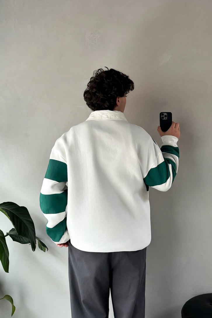 Rise Again Nakışlı Çizgili Polo Yaka Sweatshirt