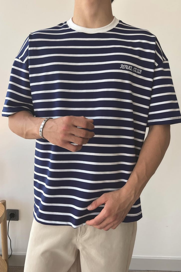 Royal Club Nakışlı Çizgili Lacivert Oversize Tişört
