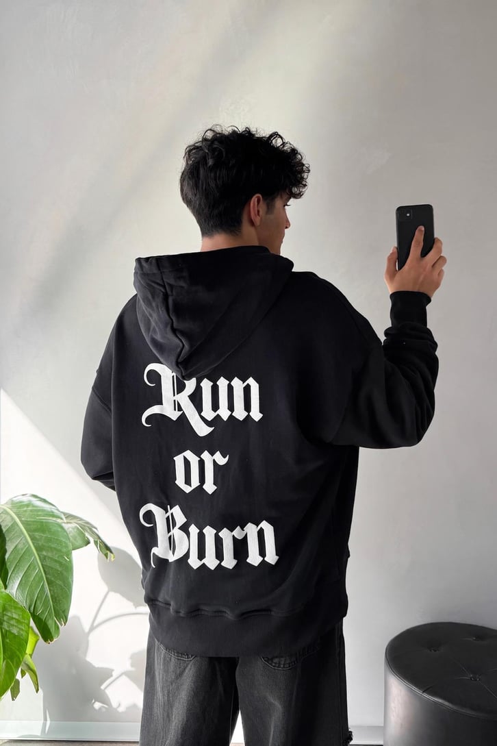 Run Or Burn Baskılı Oversize Hoodie