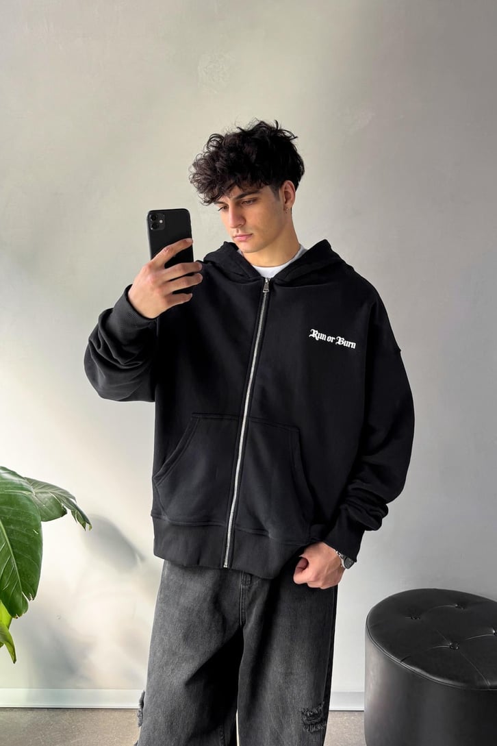 Run Or Burn Baskılı Oversize Hoodie