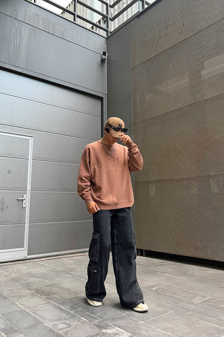 Rv Nakışlı Kahverengi Oversize Sweatshirt