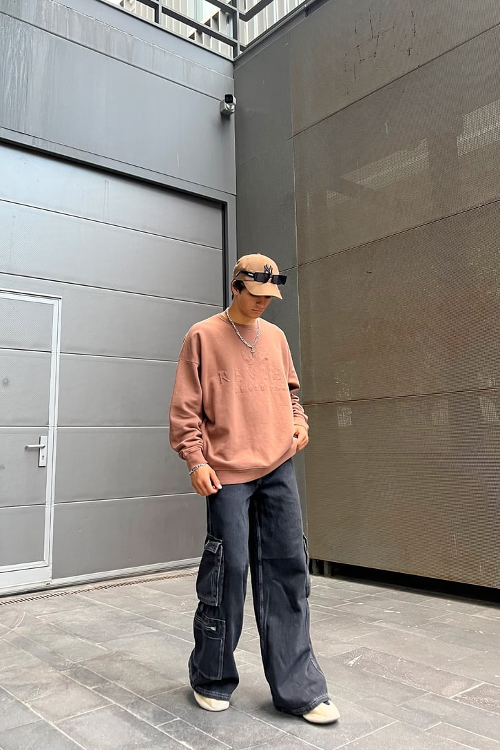 Rv Nakışlı Kahverengi Oversize Sweatshirt