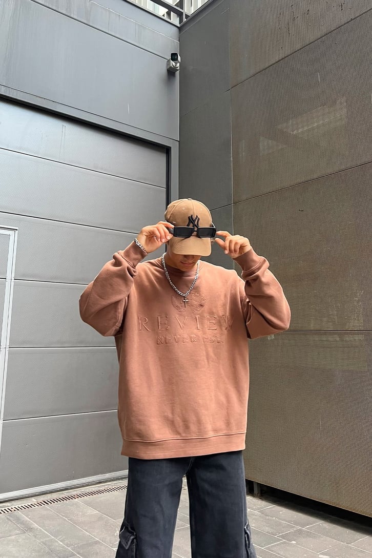 Rv Nakışlı Kahverengi Oversize Sweatshirt