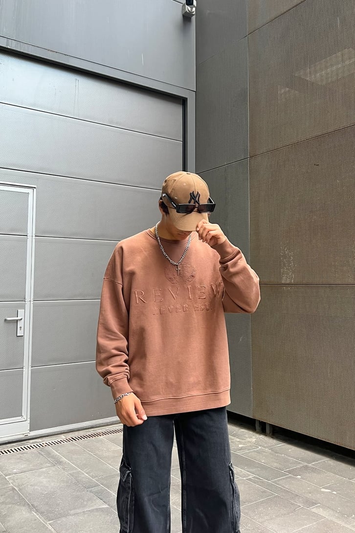 Rv Nakışlı Kahverengi Oversize Sweatshirt