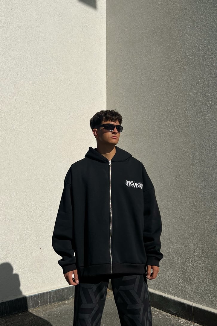 Rv Nakışlı Siyah Zipper Sweatshirt