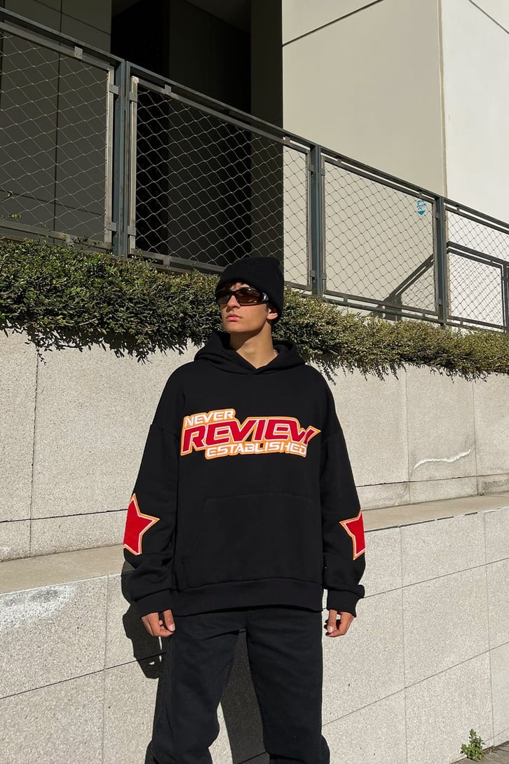 Rv Never Star Nakışlı Siyah Oversize Sweatshirt