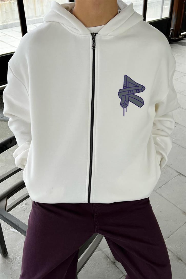 Rv Sırt Baskılı Beyaz Zipper Hoodie