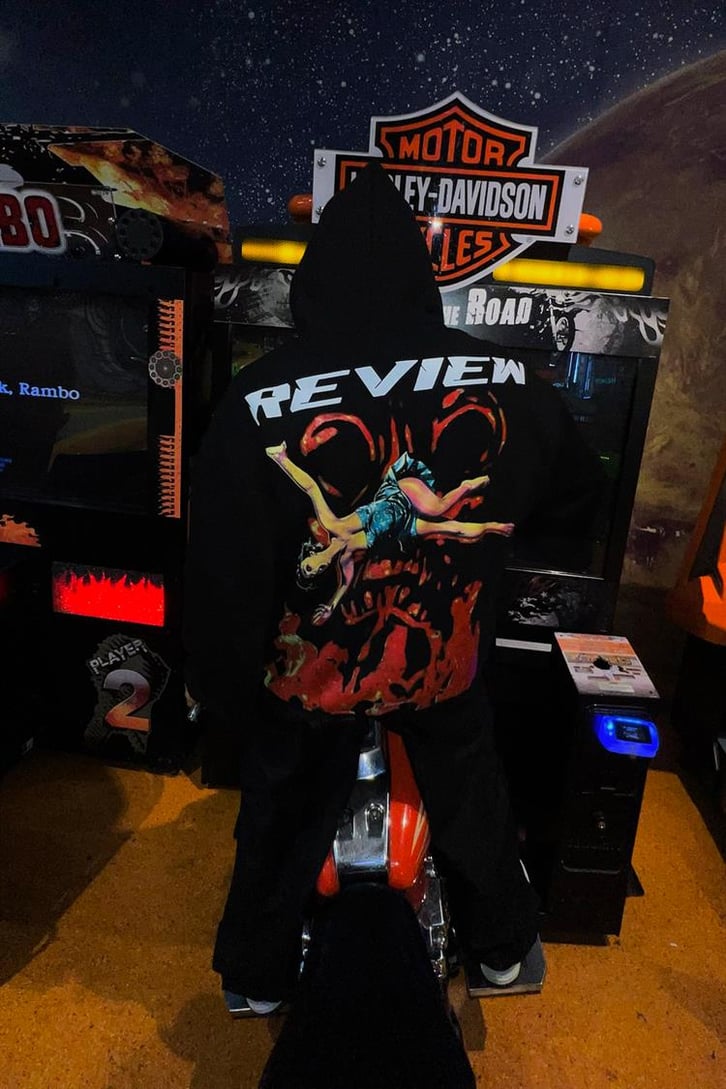 Rv Sırt Baskılı Siyah Oversize Zipper Hoodie