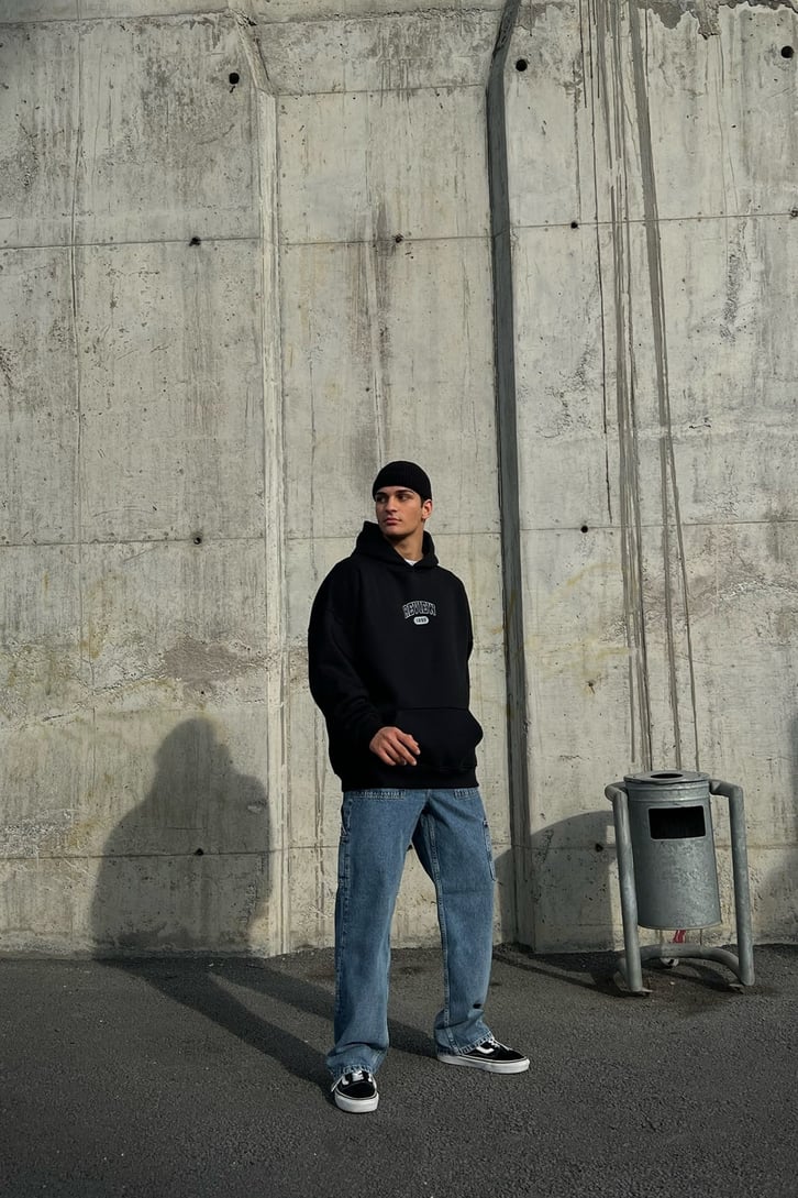 Rv Skeleton Baskılı Siyah Oversize Hoodie