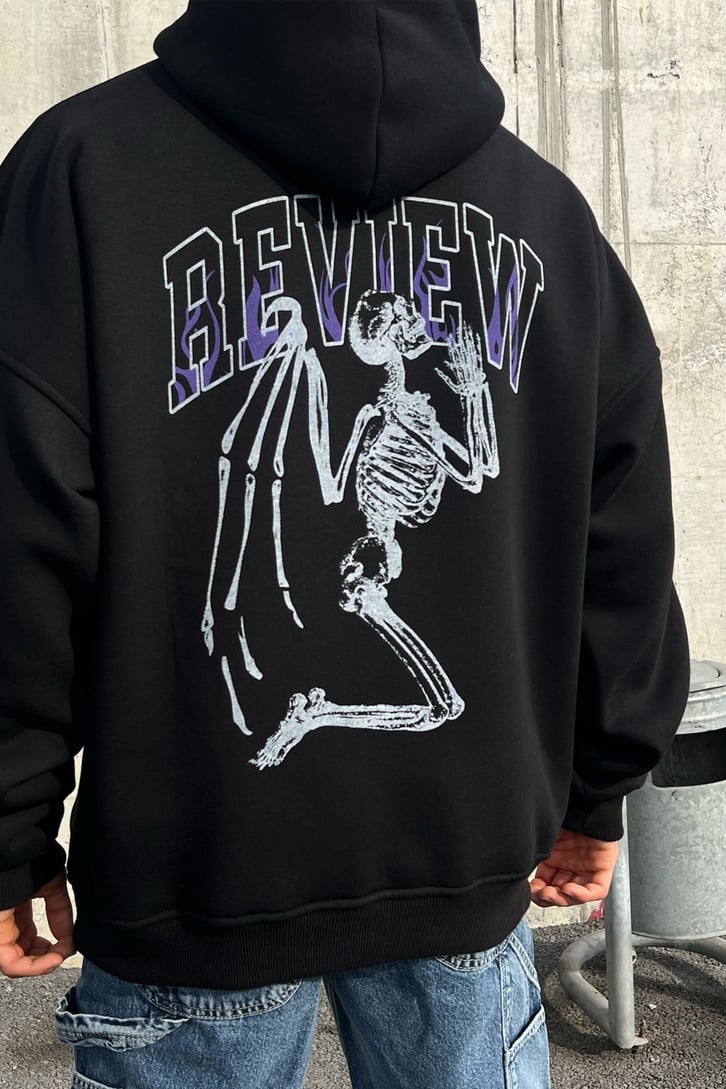 Rv Skeleton Baskılı Siyah Oversize Hoodie