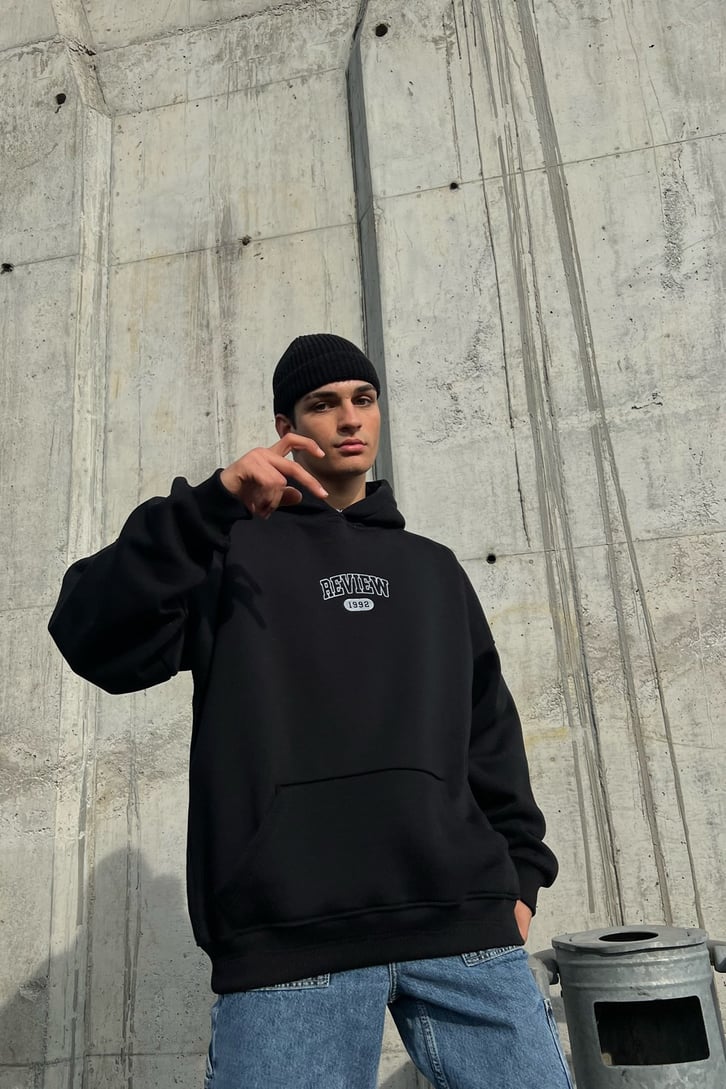 Rv Skeleton Baskılı Siyah Oversize Hoodie