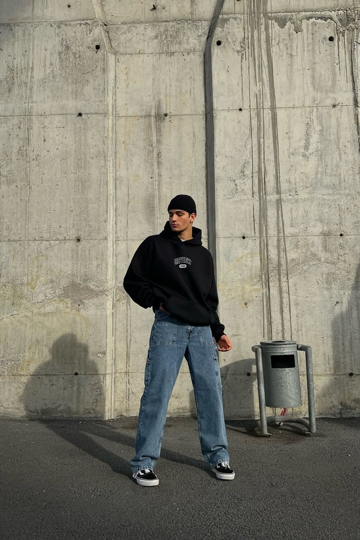 Rv Skeleton Baskılı Siyah Oversize Hoodie
