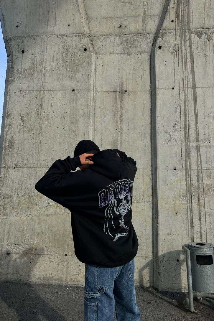 Rv Skeleton Baskılı Siyah Oversize Hoodie