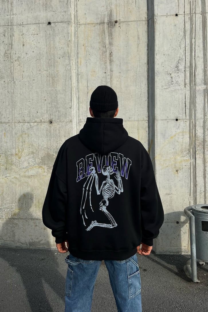 Rv Skeleton Baskılı Siyah Oversize Hoodie