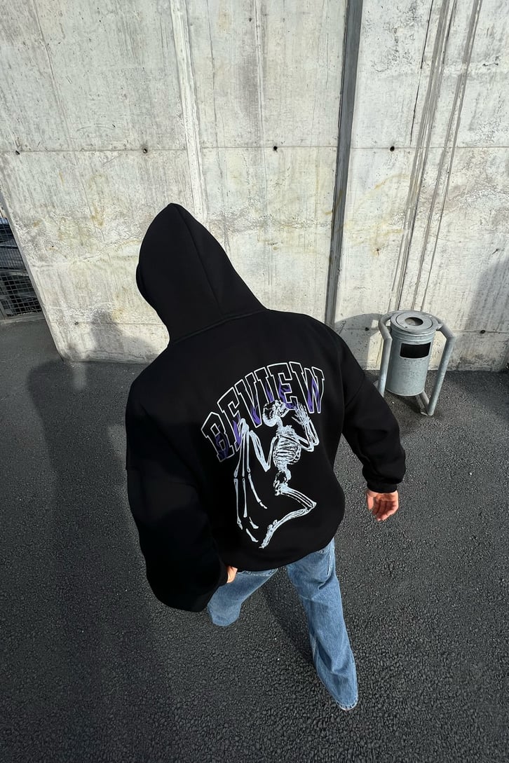 Rv Skeleton Baskılı Siyah Oversize Hoodie