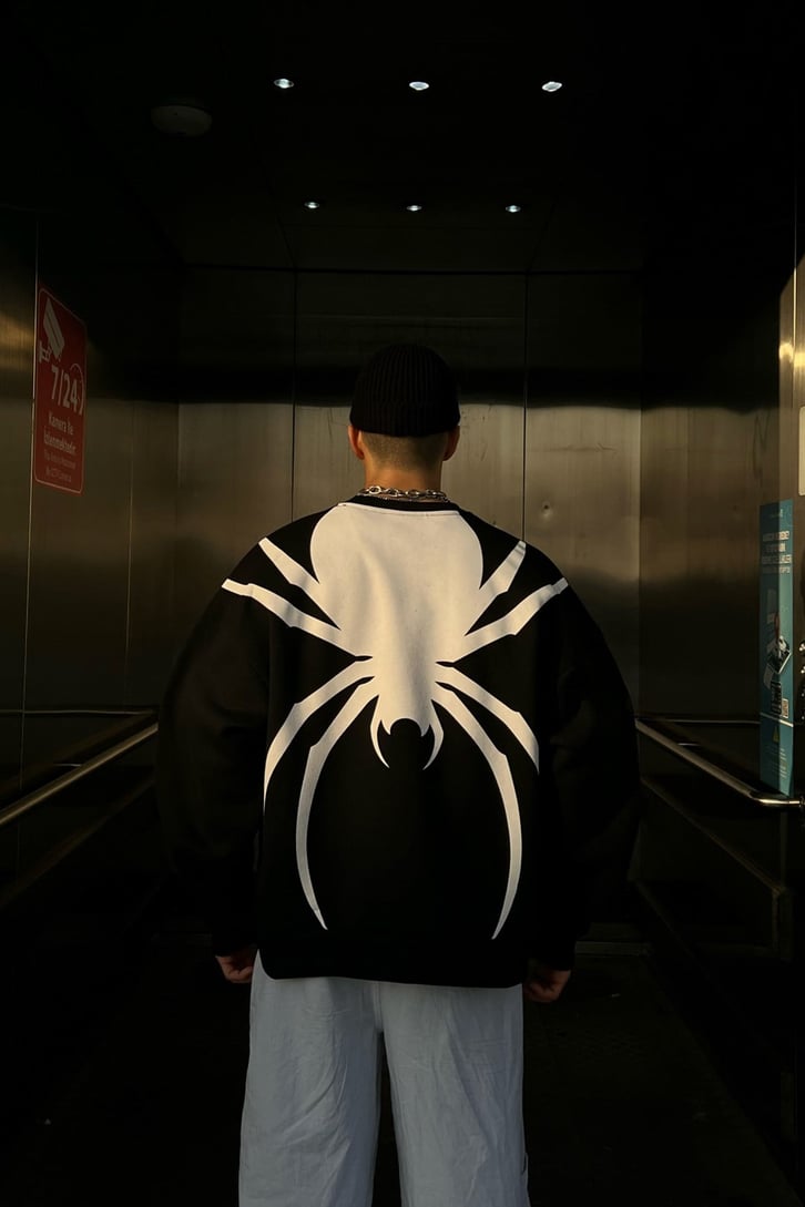 Rv Spider Sırt Baskılı Siyah Oversize Sweatshirt