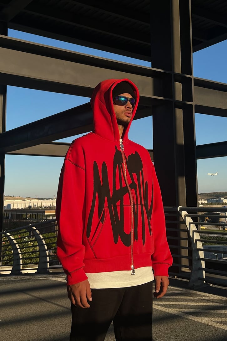 Rv Spider Sırt Baskılı Zip Kırmızı  Oversize Sweatshirt
