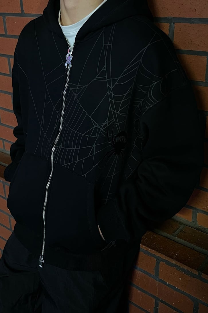 Rv Spider World Baskılı Siyah Zipper Hoodie